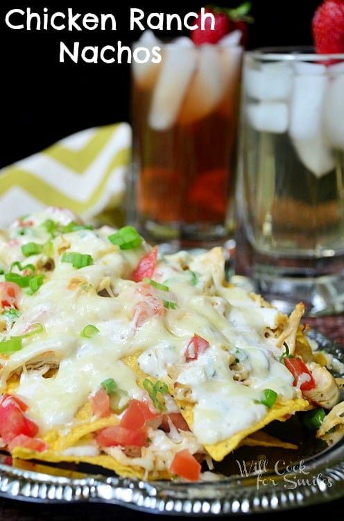 Chicken ranch nachos on a silver plate 