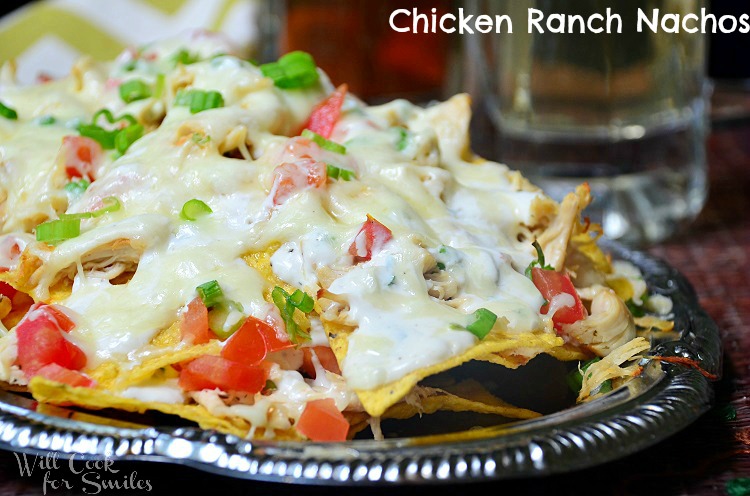 Chicken Ranch nachos on a metal platter 