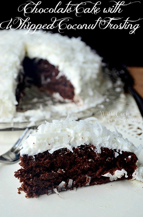 Chocolate with whipped coconut frosting on a plate 