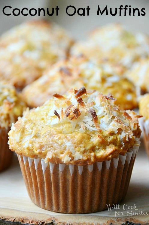 Coconut Oat Muffins on a wood cutting board 