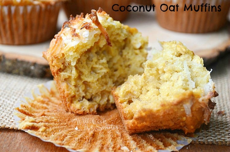 coconut oat muffin torn in half on top of the muffin wrapper 