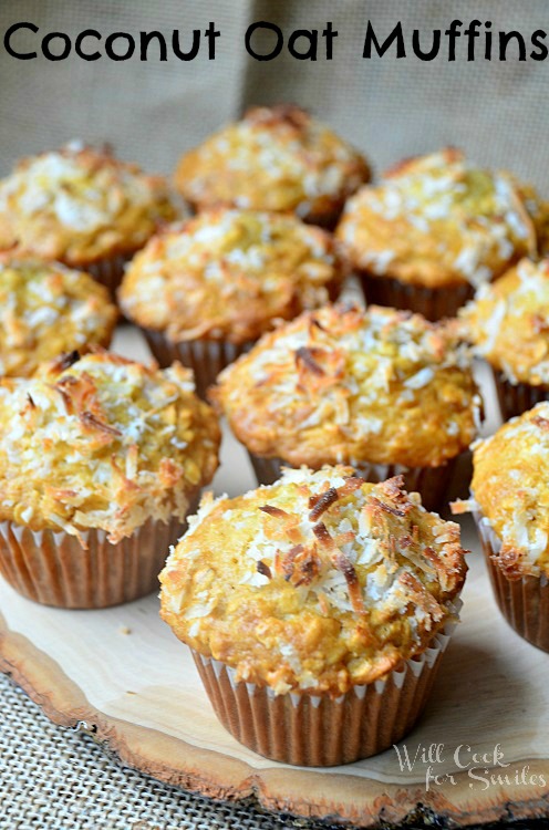 coconut oat mufffins on a wood tray 