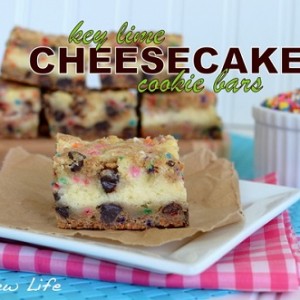 key lime cheesecake cookie bars on wax paper on a white plate with a pink napkin under it 