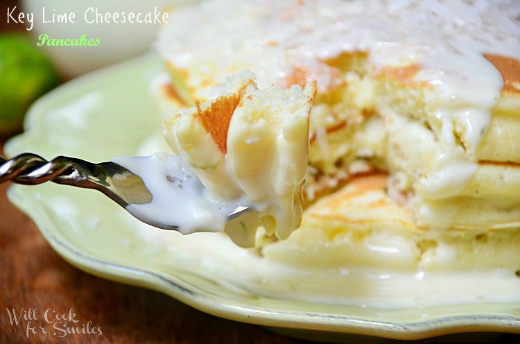 key lime pancake on a plate with some on a fork