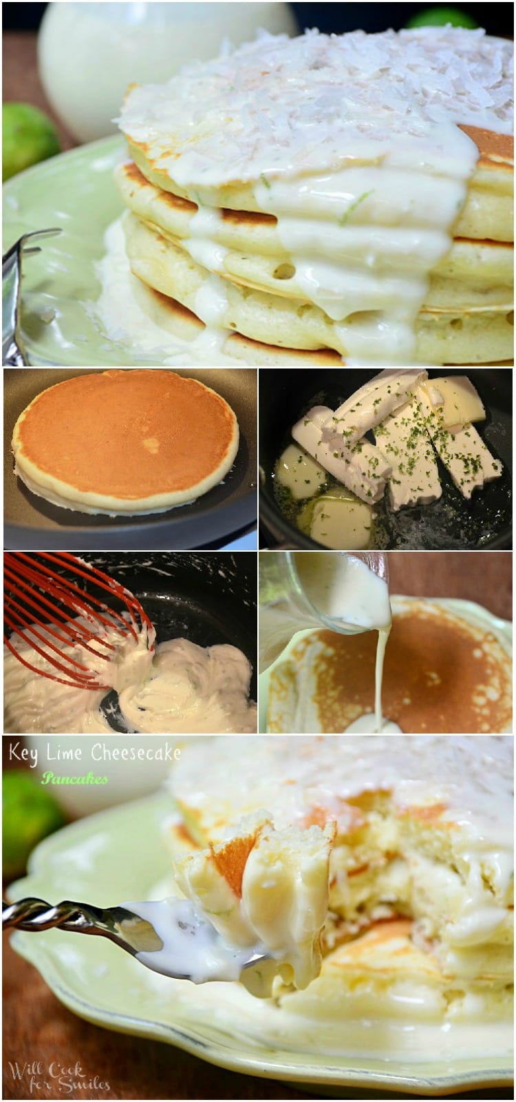 Key Lime Cheesecake Pancakes topped with key lime cheesecake sauce on a green plate 