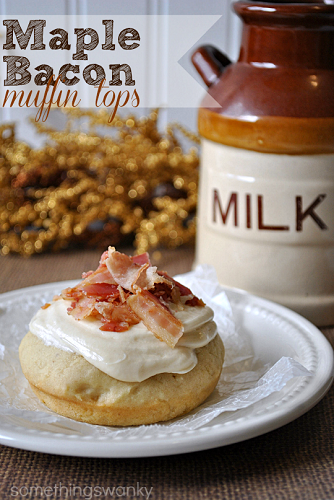 1 maple bacon muffin top on napkin on white plate with a jug of milk to the left in background shot from front