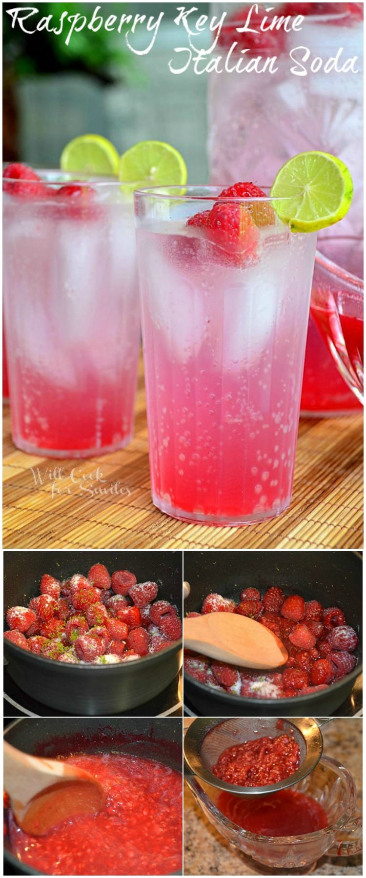 Raspberry Key Lime Italian Soda in a glass with lime and raspberries garnish and collage of how to make raspberry syrup