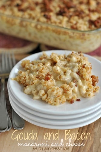 gouda and bacon macaroni and cheese on a white plate 