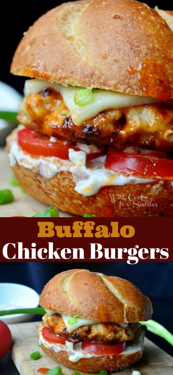 Buffalo Chicken Burger on a bun with cheese, tomato, and blue cheese dressing on a cutting board collage 
