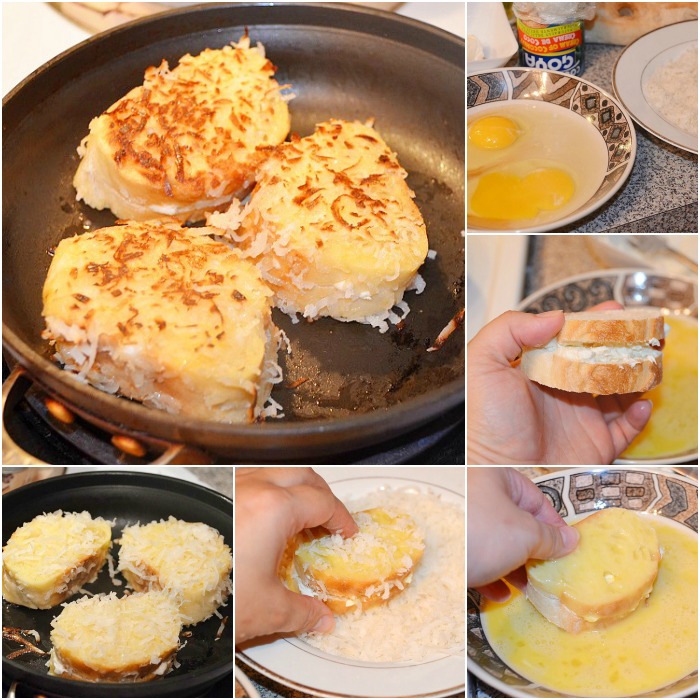 collage of prep and ingredients for coconut stuffed french toast