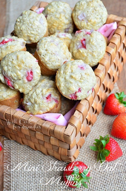 Mini Strawberry Oat Muffins in a basket 