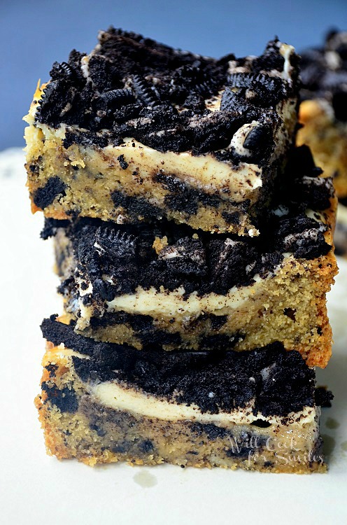 Oreo Cheesecake cookie bars slice stacked up 