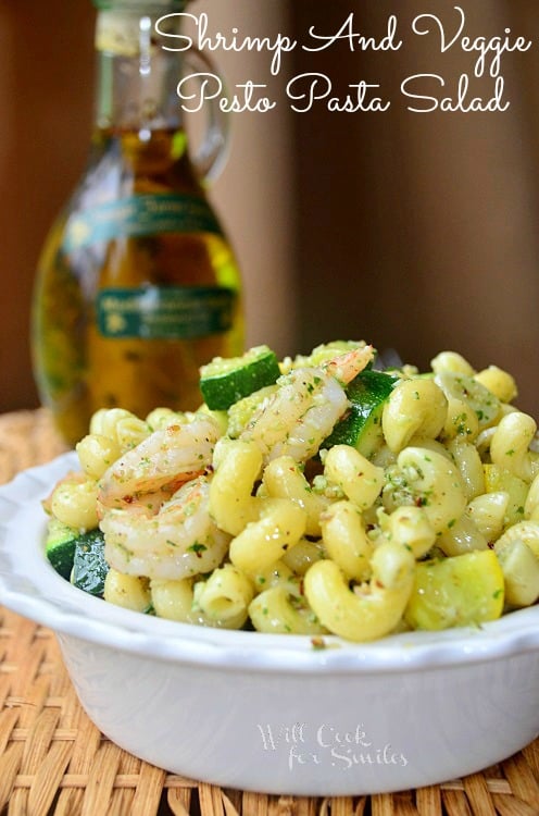 Shrimp and Veggie Pesto Pasta Salad in a white bowl 