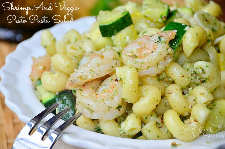 Shrimp and Veggie pesto Pasta Salad in a white bowl 