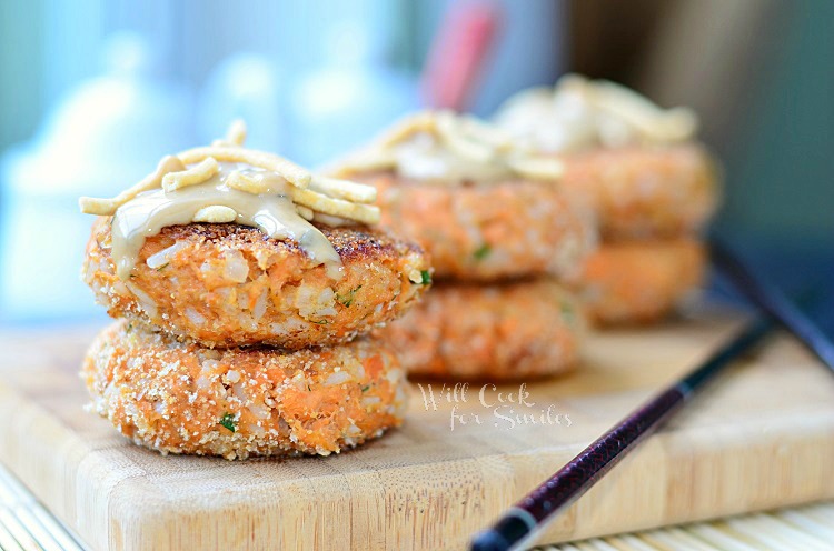 Asian Salmon Cakes on a cutting board 