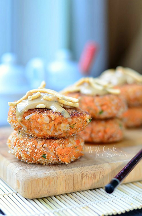 Asian Salmon Cakes on a cutting board 