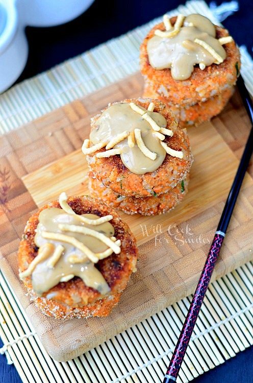 Asian Salmon Cakes on a cutting board above photo 