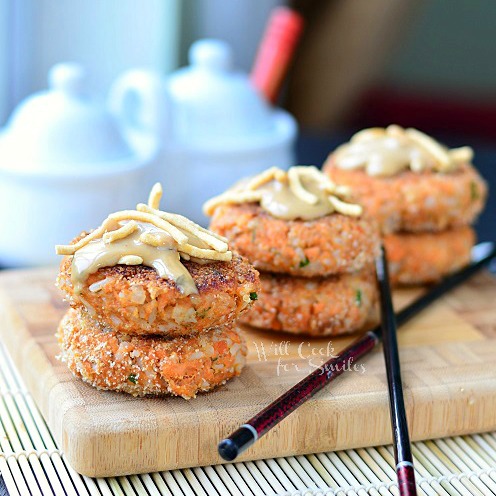 Asian Salmon Cakes on a cutting board 