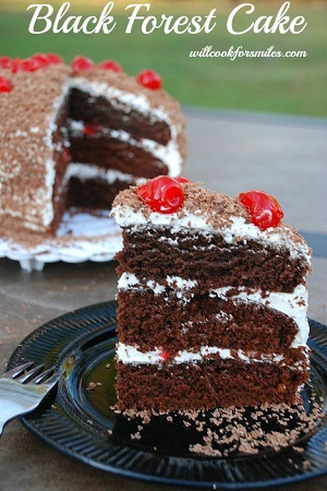 black forest cake on a black plate 