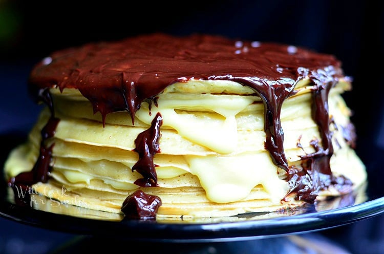 Boston Cream Crepe Cake on a metal serving platter 