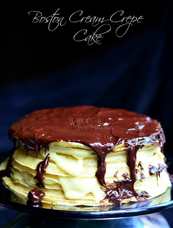 Boston Cream Crepe Cake on a metal platter 