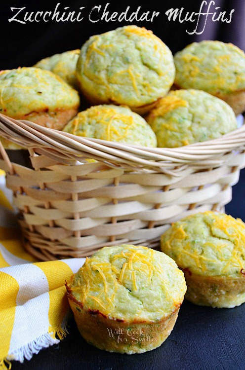 Savory Cheddar Zucchini Muffins. Soft, moist and flavorful muffins made with fresh zucchini and extra sharp cheddar for full flavor. #zucchinirecipe #zucchini #muffins #savorymuffins