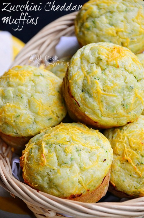 Cheddar Zucchini Muffins in a basket 