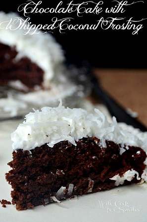 Chocolate cake with coconut frosting slice on a white plate 