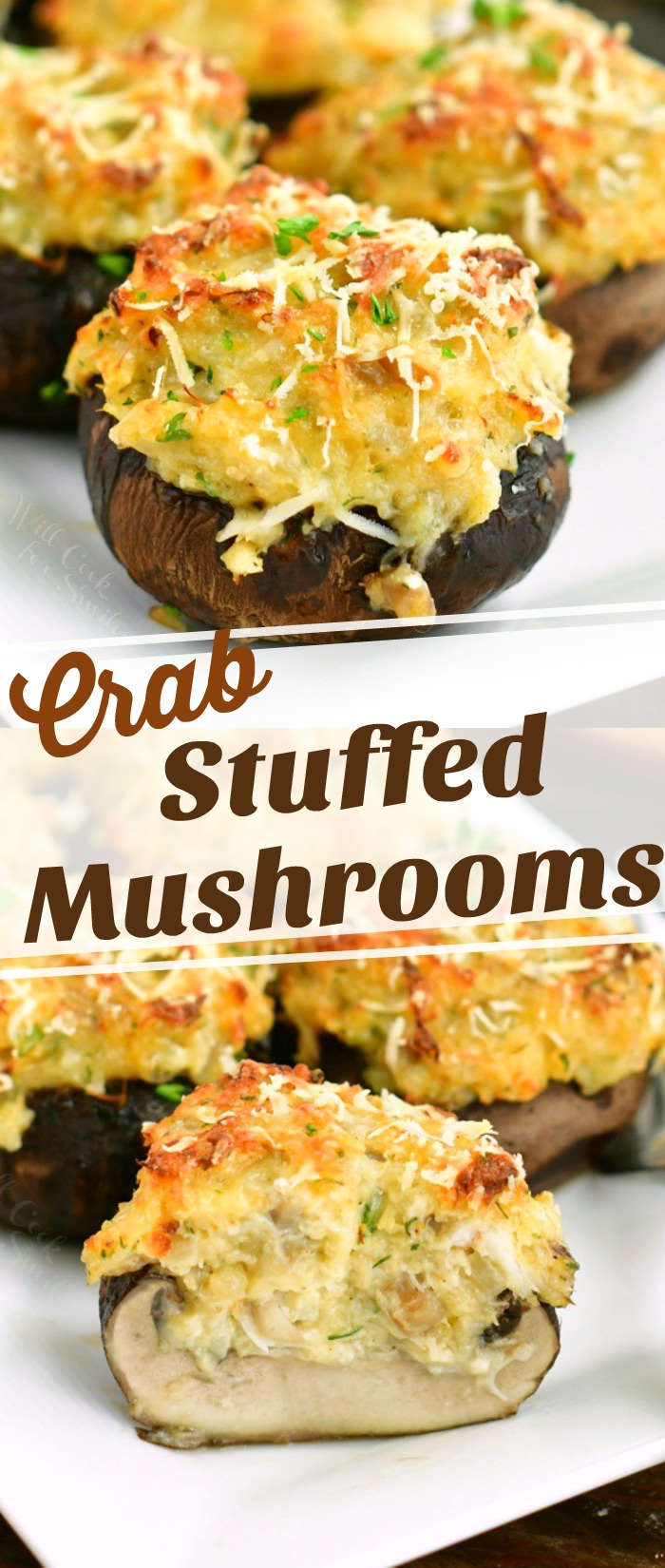 collage of two images of close up cooked stuffed mushroom on top and stuffed mushroom cut in half on the bottom