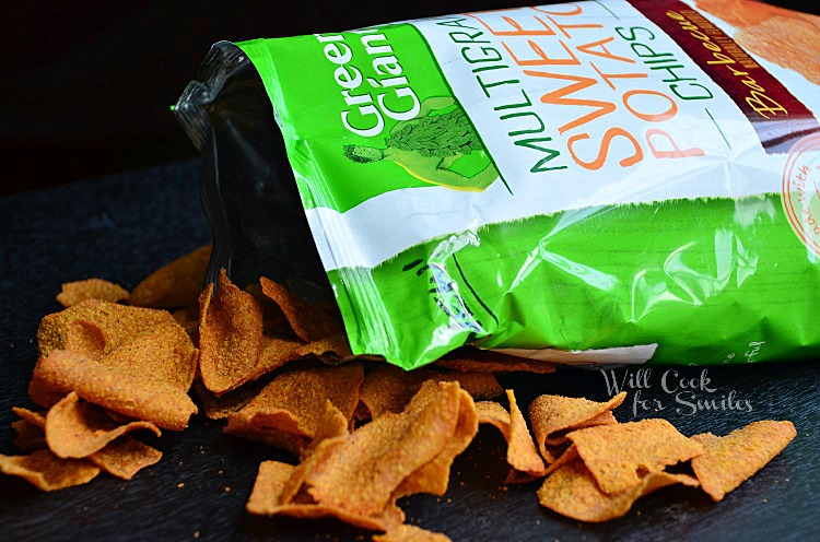 Green Giant Chips on a black counter with chip bag to the right 