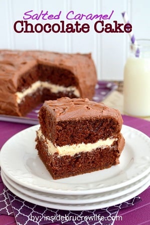 Salted Caramel Chocolate cake on a white plate 