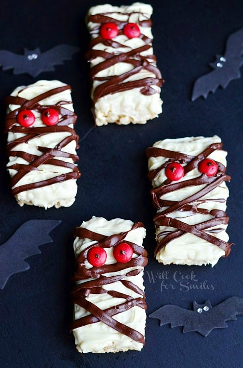 Chocolate Rice Krispie Mummies with red candy eyes 