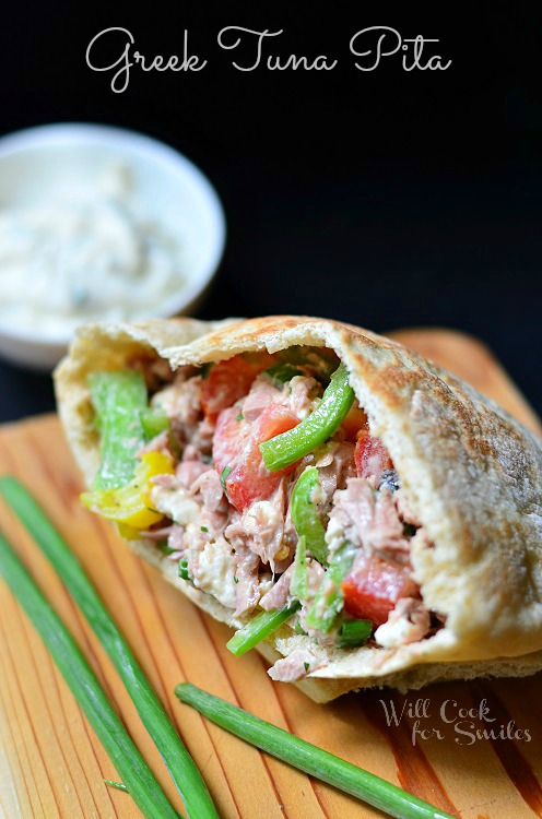 Greek Tuna Pita on a cutting board 