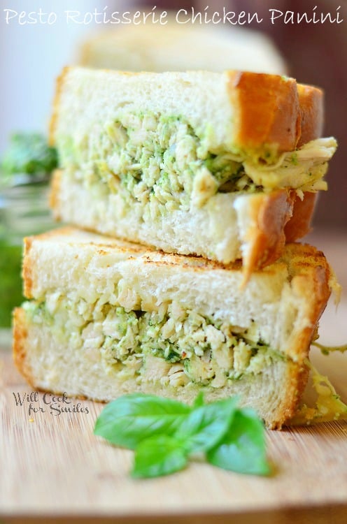 Pesto Rotisserie Chicken Panini slices in half and stacked on top of each other 