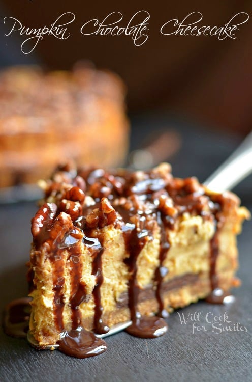 Pumpkin Chocolate Cheesecake slice on a table 