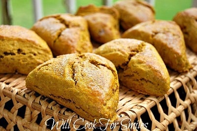 Pumpkin Scones on top of a basket 