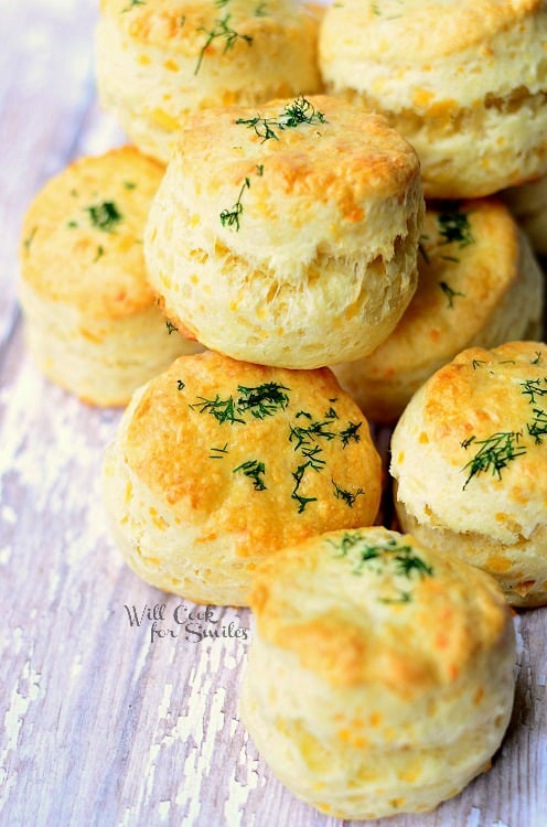 stack three cheese dinner scones on wood table