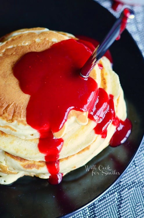 Bloody Pancakes, Halloween Breakfast 4 from willcookforsmiles.com #halloween #fakeblood #strawberry #syrup