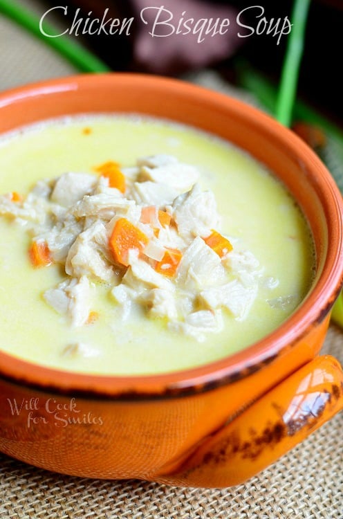 Chicken Bisque Soup in an orange bowl 