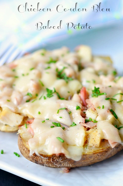 Chicken Cordon Bleu Baked Potatoes on a white plate 