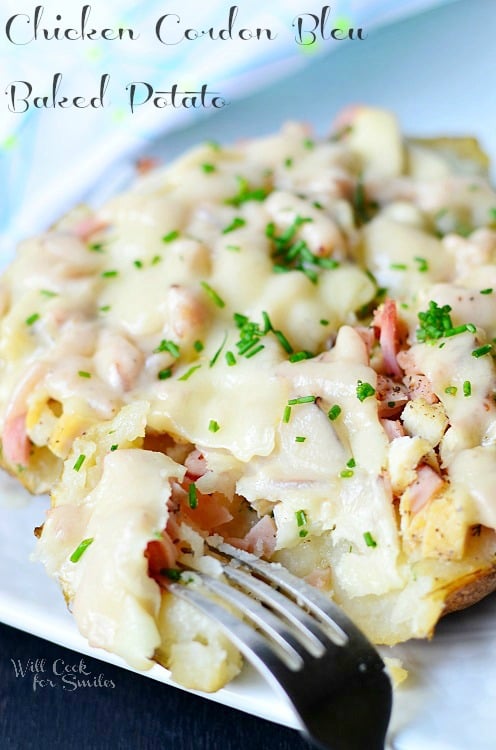 Chicken Cordon Bleu Baked Potato on a fork 