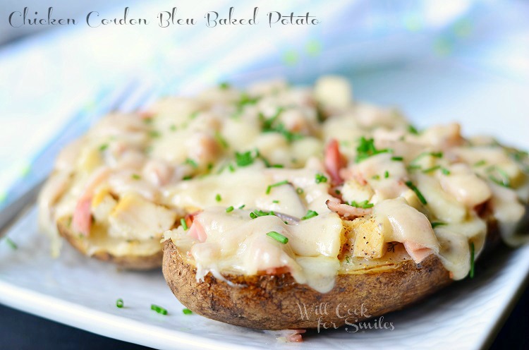 Chicken Cordon Bleu Baked Potatoes on a white plate 