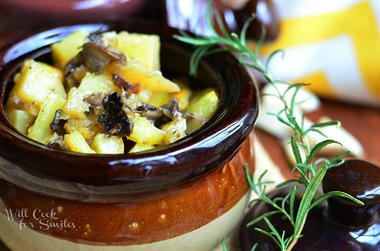 Parmesan Rosemary Potato and Mushroom Bowls in a brown bowl 