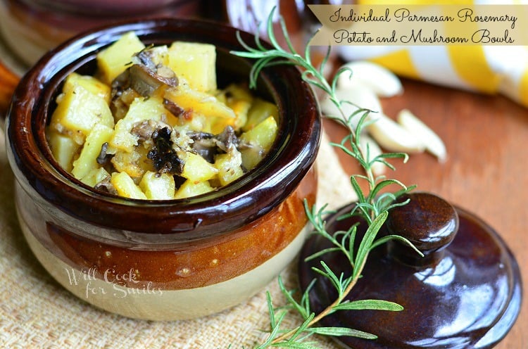 Parmesan Rosemary Potato and Mushroom Bowls in a brown bowl 