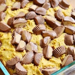 baking pan with peanut butter cup pumpkin cookies