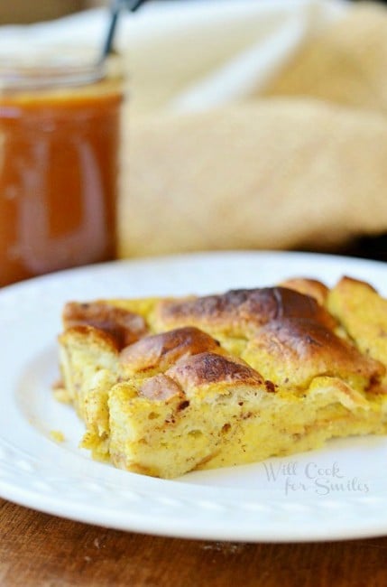 Pumpkin Bread Pudding on a white plate 