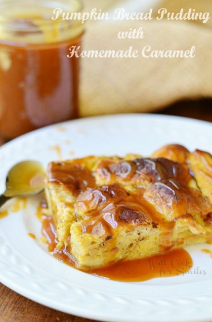 pumpkin bread pudding with caramel over it on a white plate 