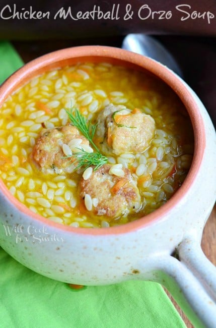 top view of Chicken Meatball Orzo Soup 