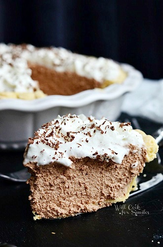 French silk pie slice on a black counter top 