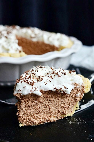 French silk pie slice on a black counter top 
